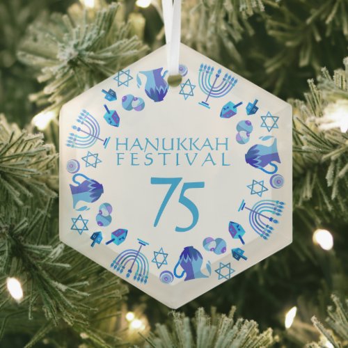 Hanukkah Lights Festival Anniversary 75th Blue Glass Ornament