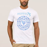 Hanukkah Lights Festival Anniversary 75th T-Shirt<br><div class="desc">Happy Hanukkah Festival of Lights Anniversary 75th Celebration concept design for Clothing & Shoes, Men, Clothing, Tops & T-Shirts, Men's T-Shirts. Trendy design Israeli flag blue color, traditional Chanukah symbols - wooden dreidels (spinning top), donuts, Hanukkiah - menorah, candles, Blue star of David, Israeli flag blue color, and glowing lights...</div>