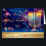 Hanukkah Lights Festival Holiday Menorah<br><div class="desc">Happy Hanukkah Beautiful Jewish Holiday Festival of Lights Greeting Card. Jewish Holiday Hanukkah background with traditional Chanukah symbols - gold hanukkiah wooden dreidels (spinning top), donuts, menorah, candles, star of David and bokeh glowing lights, sparkles wallpaper pattern. Hanukkah Festival Decoration. Jerusalem, Israel. Invitations & Stationery > Greeting Cards > Holiday...</div>