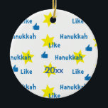 Hanukkah "Like"l/Blue/Yellow Circle Ornament<br><div class="desc">Hanukkah "Like"/Blue/Yellow Circle Ornament. (2 sided) Personalize by deleting "20XX" on front and back of the ornament. Then using your favorite font color, size and style, type in your own words. Thanks for stopping and shopping by. Much appreciated! Happy Chanukah/Hanukkah! Bring a lot more holiday cheer to your tree with...</div>