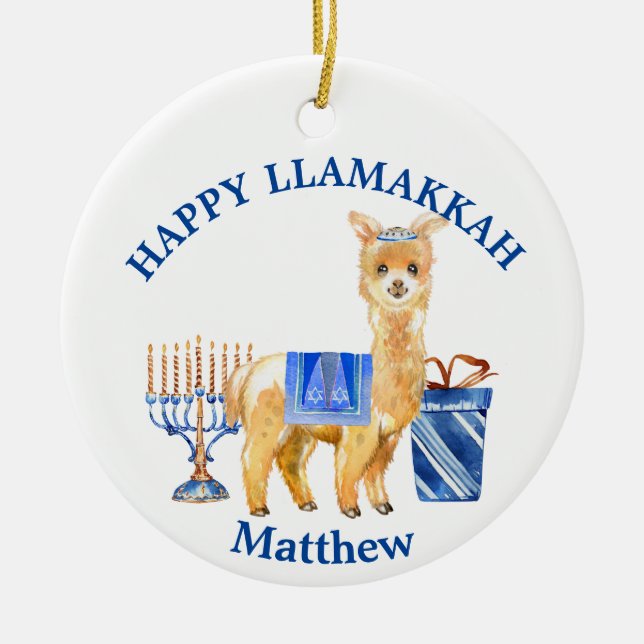 Hanukkah LLama Happy Llamakkah funny Ceramic Ornament (Front)