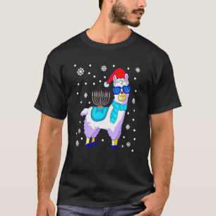 Hanukkah Llama Menorah Alpaca Santa Hat Christmas  T-Shirt