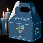 Hanukkah Love and Light Menorah Custom Blue Party Favor Boxes<br><div class="desc">Cute custom Love and Light Hanukkah party favor box for Jewish family gifts at a Chanukah party or a synagogue. Personalize with your own last name or group information in blue around the pretty gold and blue menorah.</div>