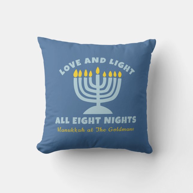 Hanukkah "Love and Light" Personalized Jewish Blue Throw Pillow (Front)