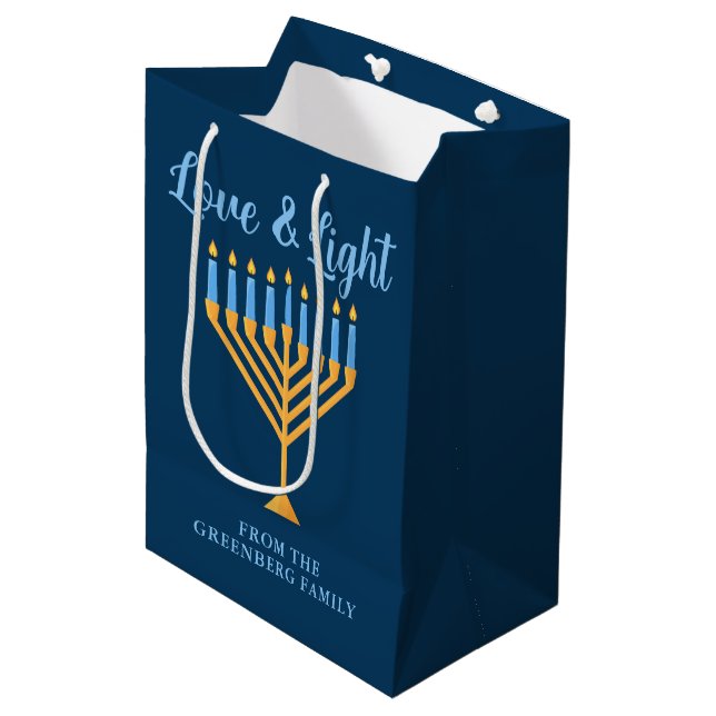 Hanukkah Love & Light Blue Gold Menorah Custom Medium Gift Bag (Front Angled)