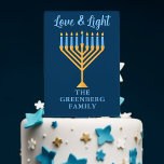 Hanukkah Love & Light Custom Blue Gold Menorah Cake Topper<br><div class="desc">Cute customizable Love and Light cake topper for a Jewish family dinner or a Chanukah party with a synagogue. Personalize this pretty Hanukkah cake topper with your own last name or group information in blue under the pretty gold menorah.</div>