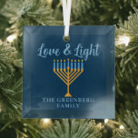 Hanukkah Love & Light Custom Blue Gold Menorah Glass Ornament<br><div class="desc">Cute customizable Love and Light Hanukkah ornament for a Jewish family dinner or a Chanukah party with a synagogue. Personalize this pretty gift with your own last name or group information in blue under the pretty gold menorah.</div>