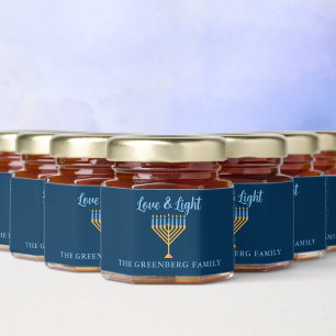 Hanukkah Love & Light Custom Blue Gold Menorah Honey Jar Favors