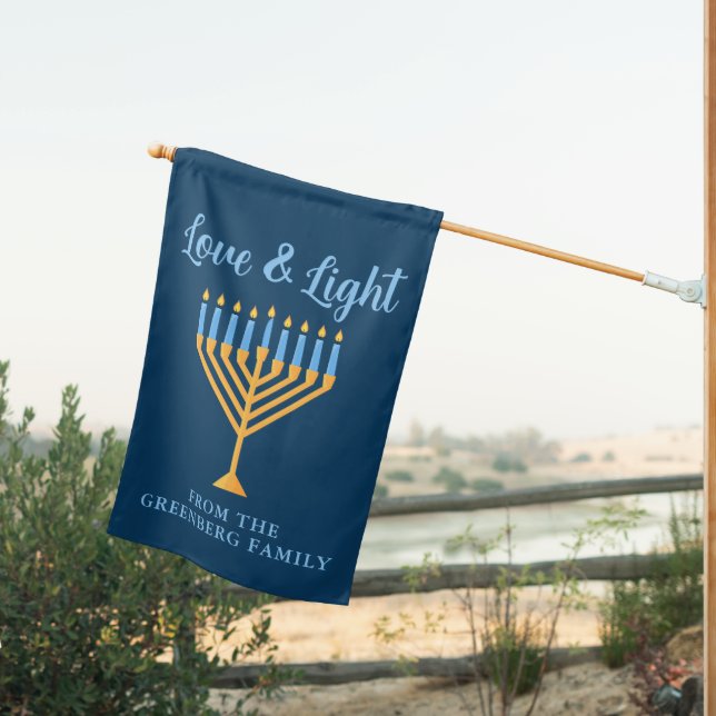 Hanukkah Love & Light Custom Blue Gold Menorah House Flag (Insitu (Back))