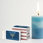 Hanukkah Love & Light Custom Blue Gold Menorah Matchboxes<br><div class="desc">Cute customizable Love and Light matchbooks for a Jewish family dinner or a Chanukah party with a synagogue. Personalize this matchbox pretty favor with your own last name or group information in blue under the pretty gold menorah.</div>