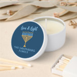 Hanukkah Love & Light Custom Blue Gold Menorah Mini Candle Favors<br><div class="desc">Cute customizable Love and Light mini candles for a Jewish family dinner or a Chanukah party with a synagogue. Personalize this pretty favor with your own last name or group information in blue under the pretty gold menorah.</div>