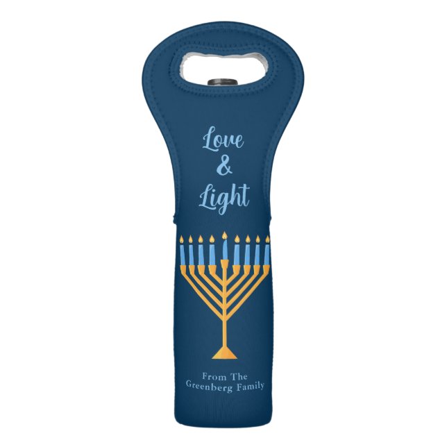 Hanukkah Love & Light Custom Blue Gold Menorah Wine Bag (Front)