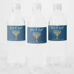 Hanukkah Love & Light Custom Blue Menorah Party Water Bottle Label<br><div class="desc">Cute custom Love and Light Hanukkah party water bottle labels for a Jewish family Chanukah dinner celebration with a synagogue. Personalize this pretty accessory with your own last name or group information in blue under the pretty gold menorah.</div>