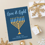 Hanukkah Love & Light Custom Menorah Blue Gold Holiday Card<br><div class="desc">Cute custom Love and Light Hanukkah card for a Jewish family or a Chanukah party with a synagogue. Personalize with your own last name or group information in blue under the pretty gold menorah.</div>