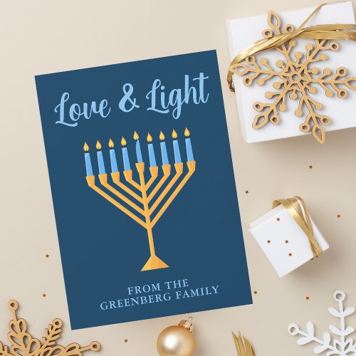 Hanukkah Love  Light Custom Menorah Blue Gold Holiday Card