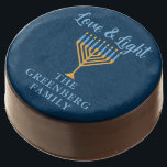 Hanukkah Love & Light Custom Menorah Blue Party Chocolate Covered Oreo<br><div class="desc">Cute custom Love and Light Hanukkah Oreo cookie for a Jewish family dinner or a Chanukah party with a synagogue. Personalize this pretty dessert with your own last name or group information in blue under the pretty gold menorah.</div>