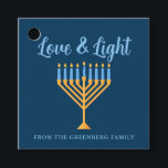 Hanukkah Love & Light Custom Menorah Blue Party Favor Tags<br><div class="desc">Cute custom Love and Light Hanukkah party favor tags for a Jewish family Chanukah dinner celebration with a synagogue. Personalize this pretty decor with your own last name or group information in blue under the pretty gold menorah.</div>