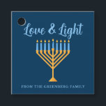 Hanukkah Love & Light Custom Menorah Blue Party Favor Tags<br><div class="desc">Cute custom Love and Light Hanukkah party favor tags for a Jewish family Chanukah dinner celebration with a synagogue. Personalize this pretty decor with your own last name or group information in blue under the pretty gold menorah.</div>