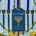 Hanukkah Love & Light Custom Menorah Blue Party Gift Tags<br><div class="desc">Cute custom Love and Light Hanukkah gift tag for a Jewish family or a Chanukah party with a synagogue. Personalize with your own last name or group information in blue under the pretty gold menorah.</div>