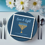 Hanukkah Love & Light Custom Menorah Blue Party Napkins<br><div class="desc">Cute custom Love and Light Hanukkah paper napkin for a Jewish family dinner or a Chanukah party with a synagogue. Personalize this pretty decor with your own last name or group information in blue under the pretty gold menorah.</div>