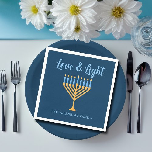 Hanukkah Love  Light Custom Menorah Blue Party Napkins