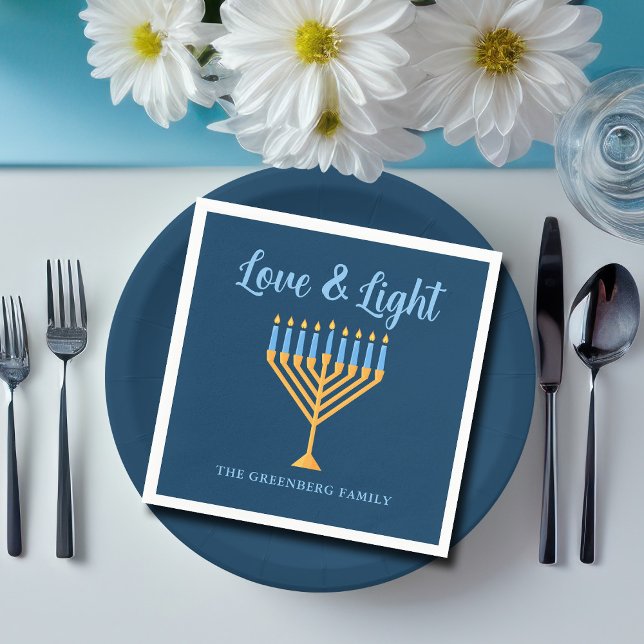 Hanukkah Love & Light Custom Menorah Blue Party Napkins (Creator Uploaded)