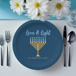 Hanukkah Love & Light Custom Menorah Blue Party Paper Plates<br><div class="desc">Cute custom Love and Light Hanukkah paper plate for a Jewish family dinner or a Chanukah party with a synagogue. Personalize this pretty decor with your own last name or group information in blue under the pretty gold menorah.</div>