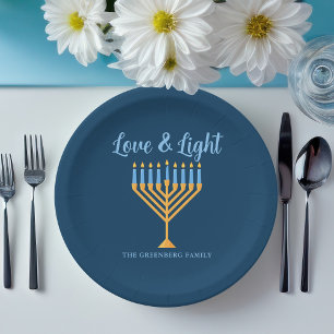 Hanukkah Love & Light Custom Menorah Blue Party Paper Plates