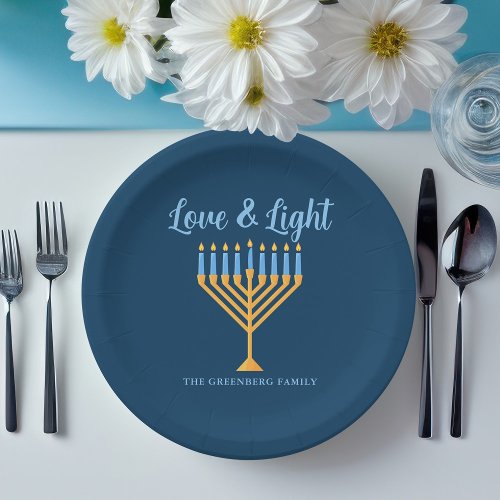 Hanukkah Love  Light Custom Menorah Blue Party Paper Plates