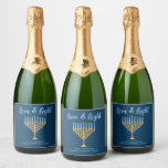 Hanukkah Love & Light Custom Menorah Blue Party Sparkling Wine Label<br><div class="desc">Cute custom Love and Light Hanukkah champagne bottle label for a Jewish family or a Chanukah party with a synagogue. Personalize with your own last name or group information in blue under the pretty gold menorah to give as gifts.</div>