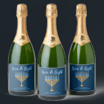 Hanukkah Love & Light Custom Menorah Blue Party Sparkling Wine Label<br><div class="desc">Cute custom Love and Light Hanukkah champagne bottle label for a Jewish family or a Chanukah party with a synagogue. Personalize with your own last name or group information in blue under the pretty gold menorah to give as gifts.</div>