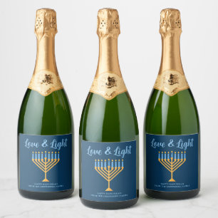 Hanukkah Love & Light Custom Menorah Blue Party Sparkling Wine Label