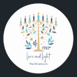 Hanukkah Love & Light Floral Menorah  Classic Round Sticker<br><div class="desc">Hanukkah Love & Light Floral Menorah stickers. Personalize the custom text above. You can find additional coordinating items in our "Floral Hanukkah Menorah and Dreidel" collection.</div>