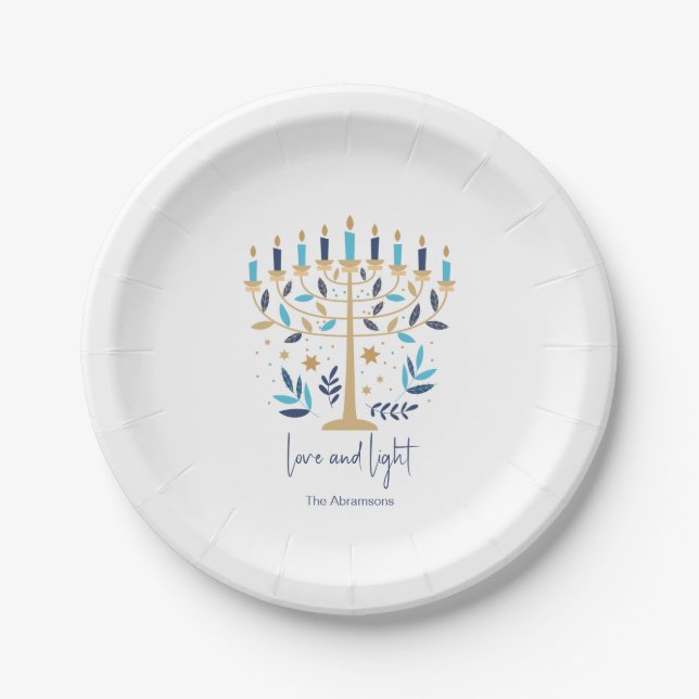 Hanukkah Love & Light Floral Menorah Paper Plates (Front)