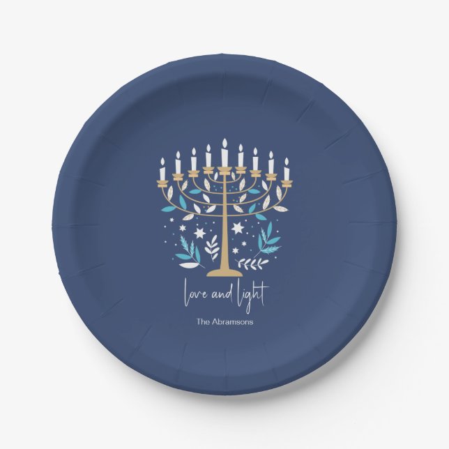 Hanukkah Love & Light Floral Menorah Paper Plates (Front)