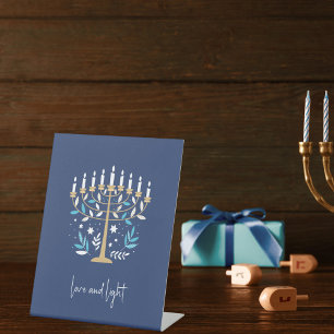 Hanukkah Love & Light Floral Menorah Pedestal Sign