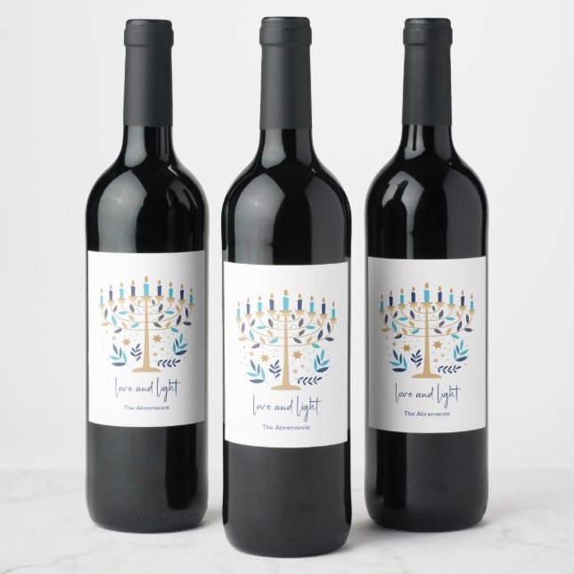 Hanukkah Love & Light Floral Menorah Wine Label (Bottles)