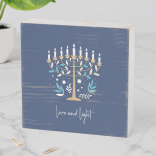 Hanukkah Love & Light Floral Menorah Wooden Box Sign