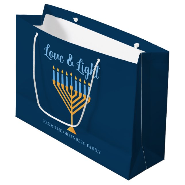 Hanukkah Love & Light Menorah Customizable Blue Large Gift Bag (Front Angled)