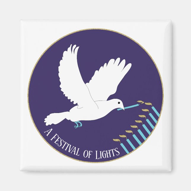 Hanukkah Magnet Square White Dove Candles Lit (Front)