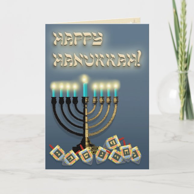 Hanukkah Menorah and Dreidels Holiday Card (Front)
