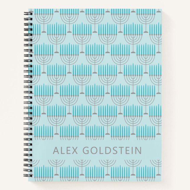 Hanukkah Menorah Blue Personalized Kids Name Notebook (Front)