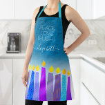 Hanukkah Menorah Candle Turquoise Peace Love Light Apron<br><div class="desc">“Peace, love & light.” Here’s a wonderful way add to the fun of your holiday baking. Add extra sparkle to your holiday culinary adventures whenever you wear this stunning, colorful, custom name Hanukkah apron. A playful, artsy illustration of blue menorah candles with colorful faux foil patterns and modern typography overlay...</div>