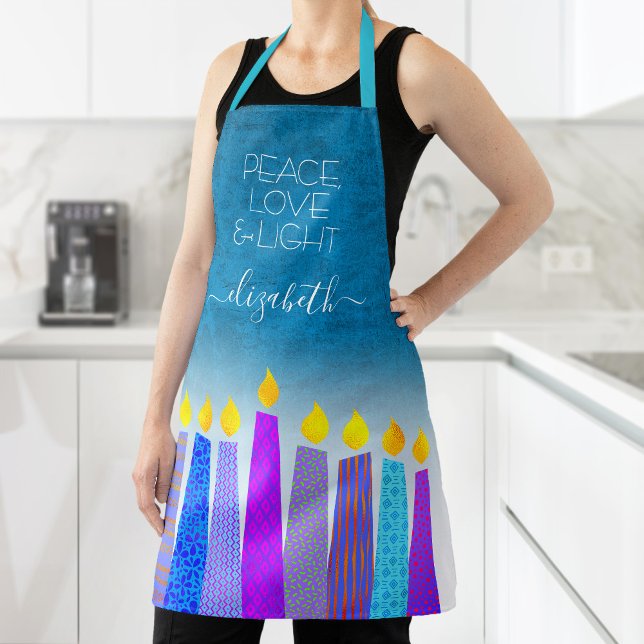 Hanukkah Menorah Candle Turquoise Peace Love Light Apron (Creator Uploaded)