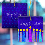 Hanukkah Menorah Candles on Blue Keepsake Custom Ceramic Ornament<br><div class="desc">“Happy Hanukkah.” A playful, modern, artsy illustration of boho pattern candles helps you usher in the holiday of Hanukkah in style. Assorted blue candles with colorful faux foil patterns overlay a rich, deep blue textured background. On the back, personalize with your family name and year, over a tiny blue Star...</div>
