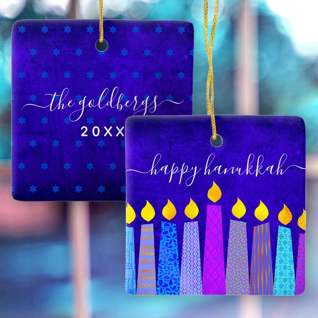 Hanukkah Menorah Candles on Blue Keepsake Custom Ceramic Ornament (Creator Uploaded)