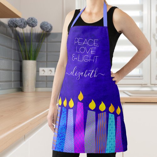 Hanukkah Menorah Candles on Blue Peace Love Light Apron