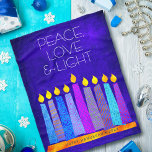 Hanukkah Menorah Candles on Blue, Peace Love Light Fleece Blanket<br><div class="desc">“Peace, love & light.” A playful, modern, artsy illustration of boho pattern candles in a menorah helps you usher in the holiday of Hanukkah. Assorted blue candles with colorful faux foil patterns overlay a rich, deep blue textured background. Feel the warmth and joy of the holiday season whenever you wrap...</div>