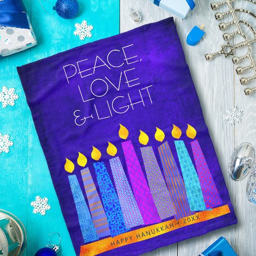 Hanukkah Menorah Candles on Blue Peace Love Light Fleece Blanket