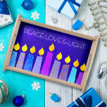 Hanukkah Menorah Candles on Blue Peace Love Light Serving Tray<br><div class="desc">“Peace, love & light.” A playful, modern, artsy illustration of boho pattern candles helps you usher in the holiday of Hanukkah. Assorted blue candles with colorful faux foil patterns overlay a rich, deep blue textured background. Feel the warmth and joy of the holiday season whenever you use this stunning, colorful...</div>